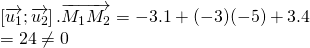 left [ overrightarrow{u_1};overrightarrow{u_2} right ].overrightarrow{M_1M_2}= -3.1+(-3)(-5)+3.4\=24neq 0